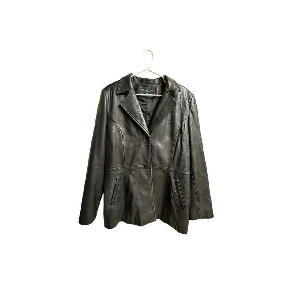 Kenneth Cole Reaction Black Leather Jacket Womens XL Button Front Coat